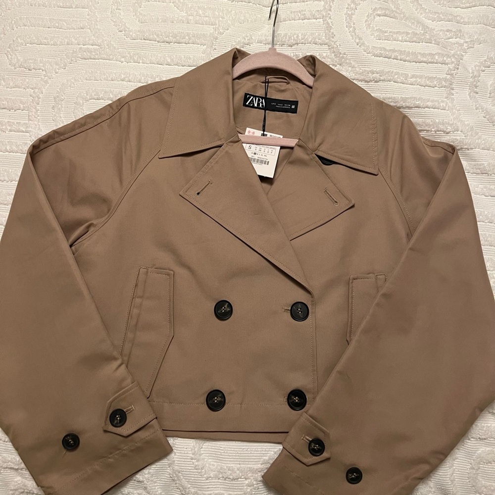 Zara Dark Tan Short Trench Coat with Double Breasted Design and Notched Lapel